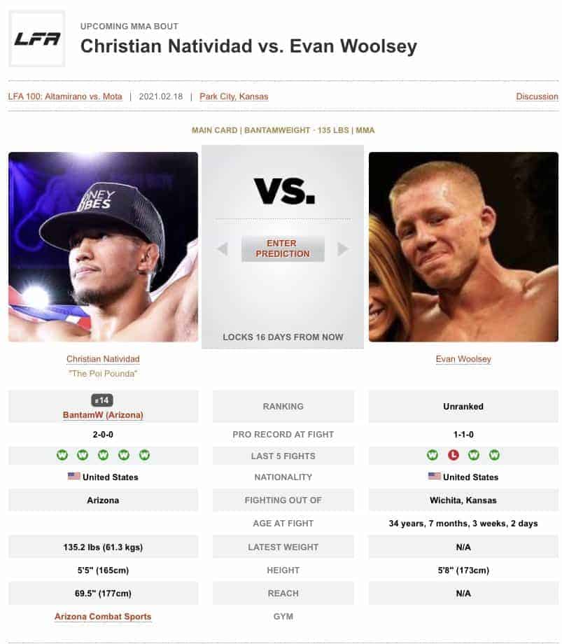 Christian Natividad vs. Evan Woolsey.