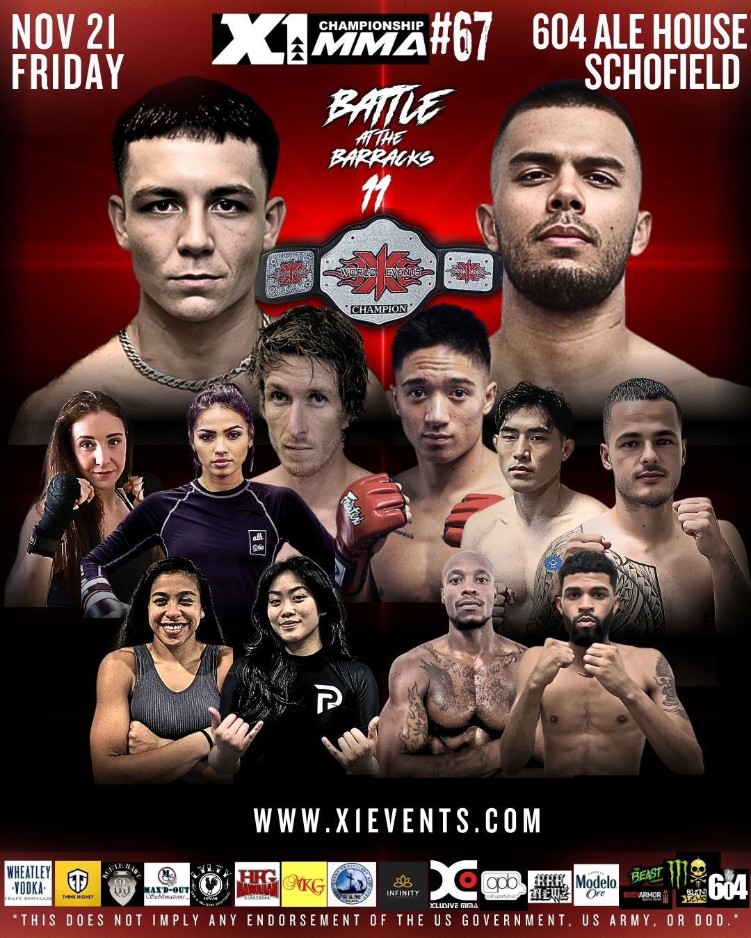 X1 MMA 67 Battle at the Barracks 11 fight poster showing main event Kamalei Hassett vs Brandon Land with undercard fighters and event details for November 21, 2025 at 604 Ale House Schofield.